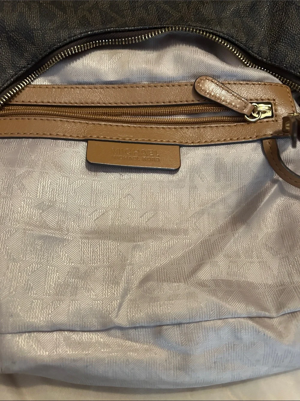 Michael Kors Dark Brown Monogram Hobo with Tan Strap and Matching Wallet